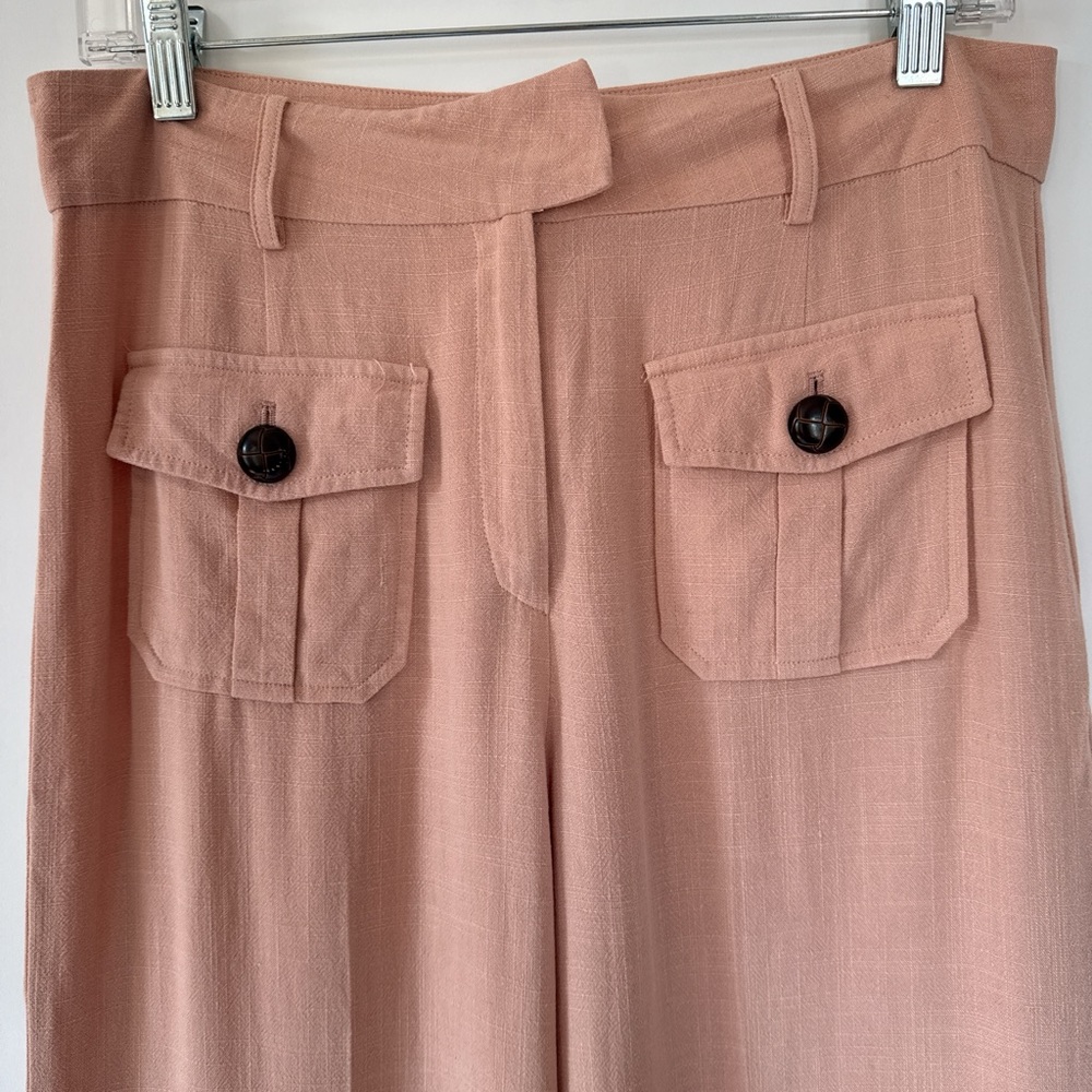 Wide Leg Soft Peach Linen Trousers with Front Flap Pockets - Picture 2 of 8